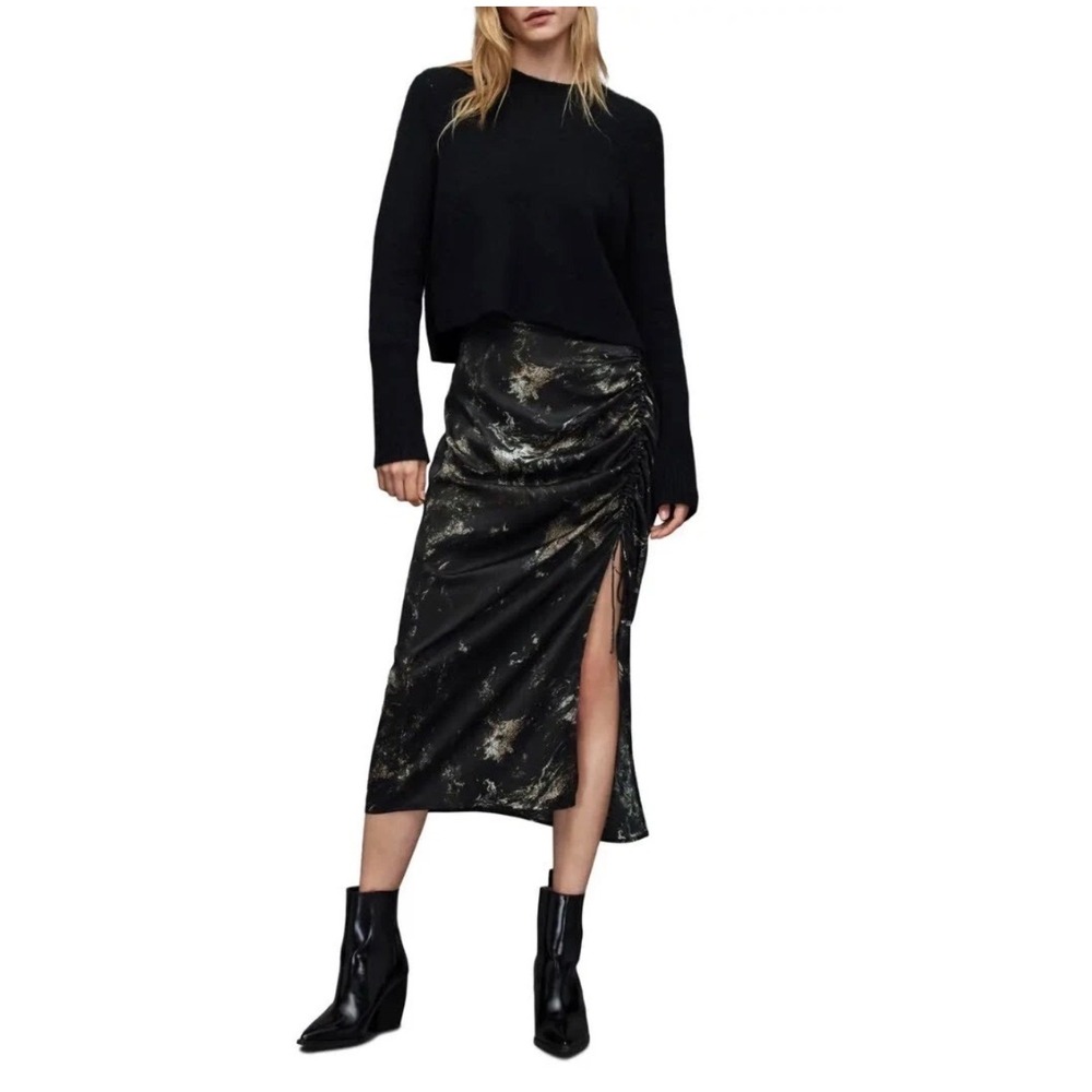 AllSaints Carla Titania Silk Blend Midi Skirt Black Metallic Ruched Slit 8